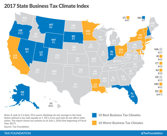2017 State Tax System Business Climate state-by-state map