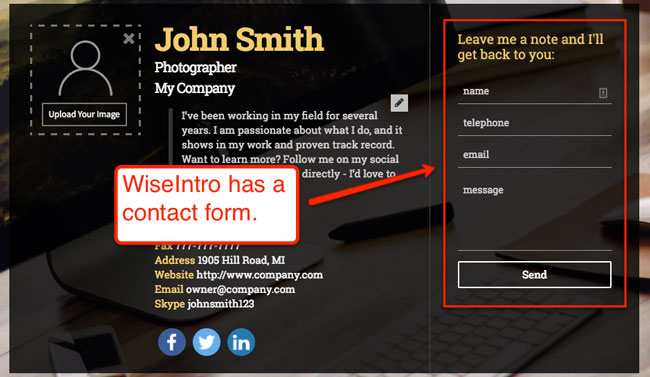 WiseIntro contact form that your prospect customers can use to connect with you