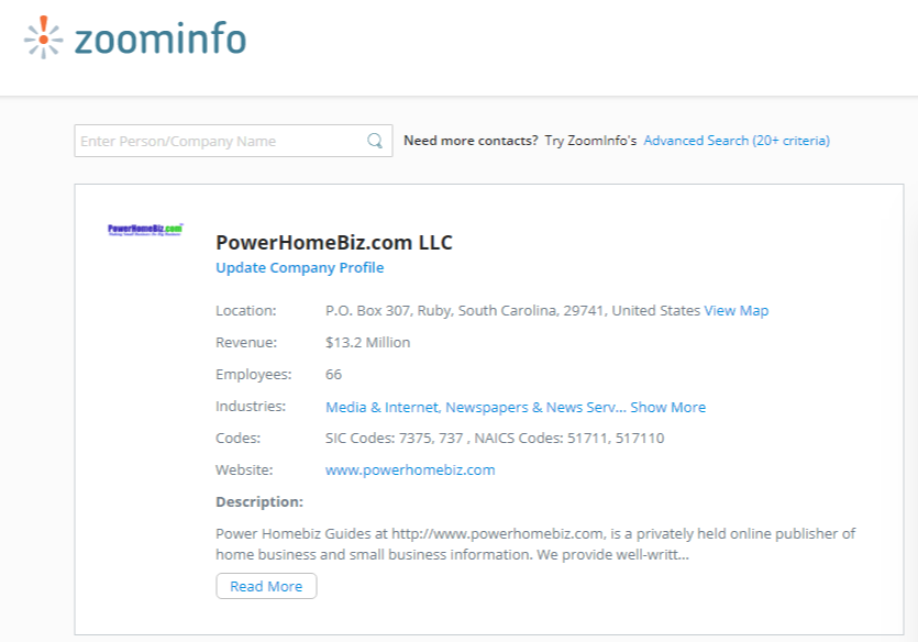 Zoominfo data on powerhomebiz.com