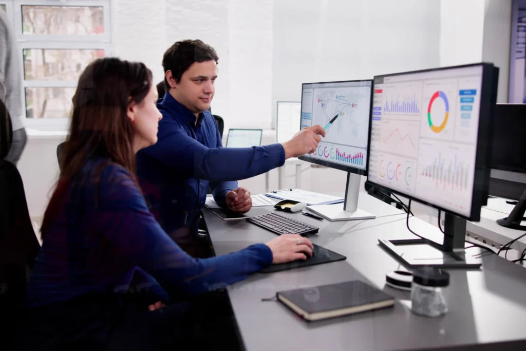 discussing charts and graphs of key performance indicator KPI