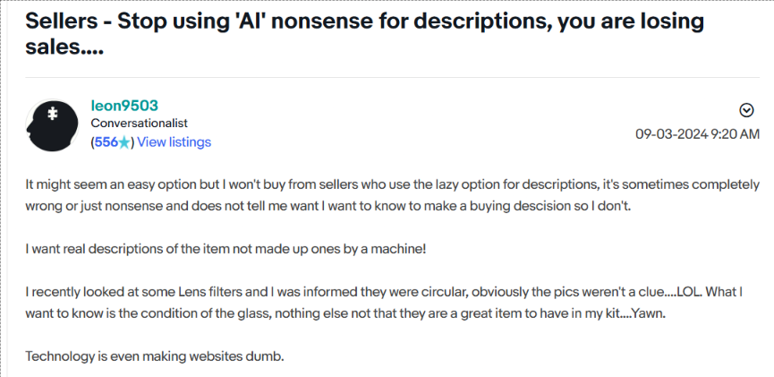 Reddit discussions on AI-generated product descriptions