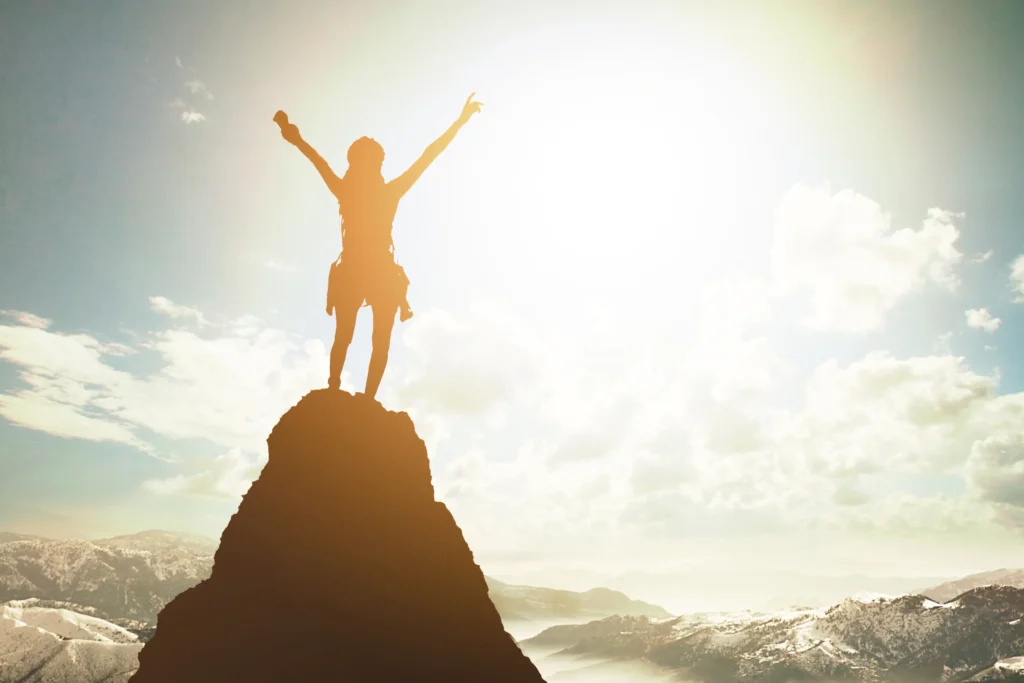 Person celebrating on mountain peak: persevere and succeed